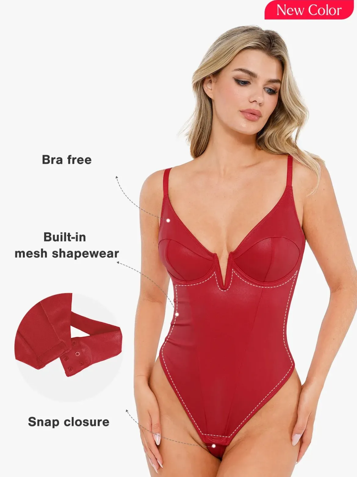 Shapewear Faux Leather Plunging V Sculpting Corset Bodysuit