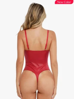 Shapewear Faux Leather Plunging V Sculpting Corset Bodysuit