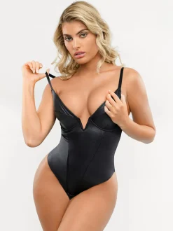 Shapewear Faux Leather Plunging V Sculpting Corset Bodysuit