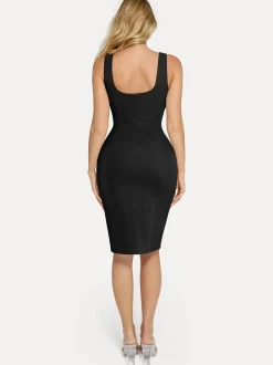 Shapewear Faux Nubuck Bodycon Sculpting Slit Midi Dress