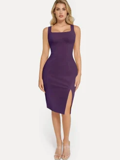 Shapewear Faux Nubuck Bodycon Sculpting Slit Midi Dress
