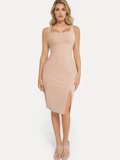Shapewear Faux Nubuck Bodycon Sculpting Slit Midi Dress