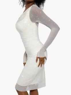 Shapewear Heat-Set Crystal Mesh Long Sleeve Slim Mini Dress