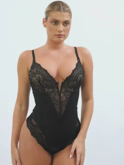 Shapewear Lace Deep-V Neck Bodysuits or Faux Leather Skirts