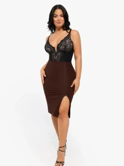 Shapewear Lace Deep-V Neck Bodysuits or Faux Leather Skirts