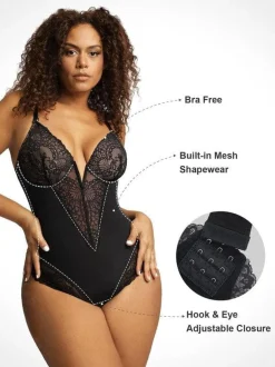 Shapewear Lace Deep V-Neck Sculpting Thong Bodysuit