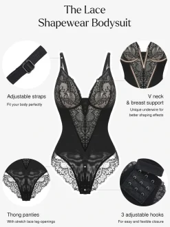 Shapewear Lace Deep V-Neck Sculpting Thong Bodysuit