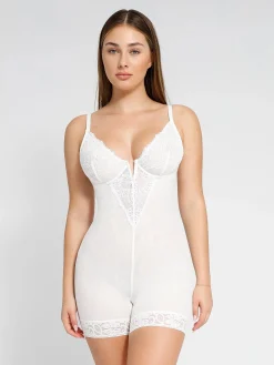 Shapewear Lace Deep V-Neck Sculpting Mid-Thigh Bodysuit