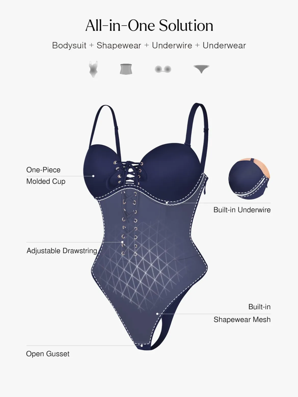 Shapewear Lace-Up Corset Bodysuit with Removable Straps