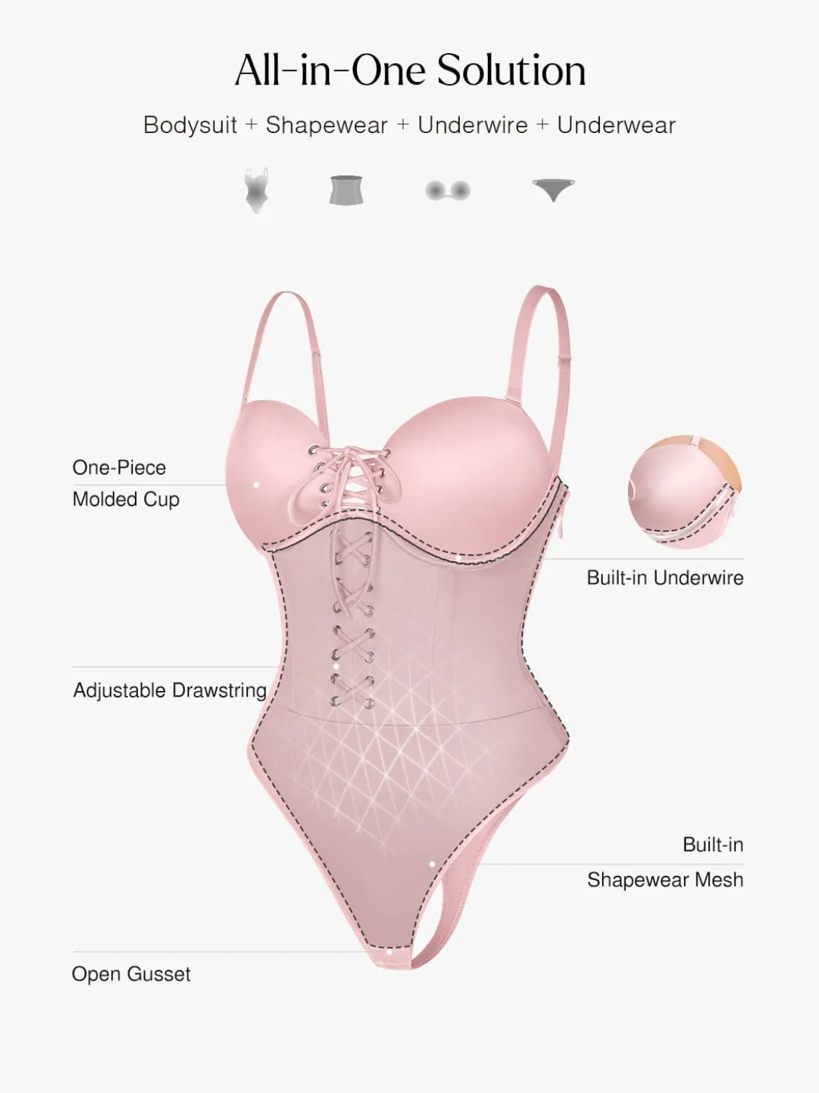 Shapewear Lace-Up Corset Bodysuit with Removable Straps