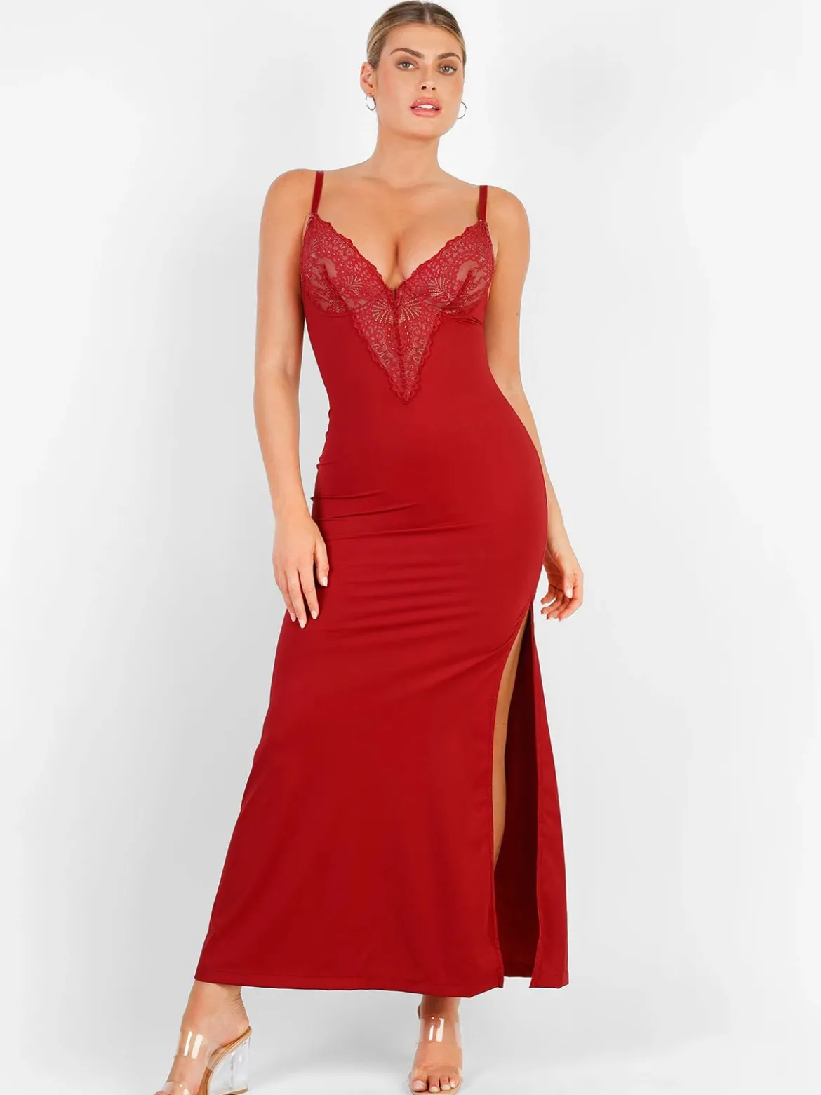Shapewear Lace V Neck Side Slit Slimming Maxi Slip Dress