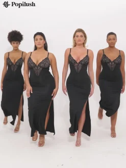 Shapewear Lace V Neck Side Slit Slimming Maxi Slip Dress
