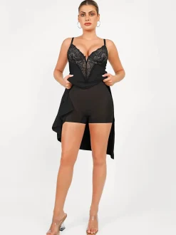 Shapewear Lace V Neck Side Slit Slimming Maxi Slip Dress