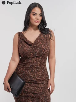 Shapewear Leopard Cowl Neck Ruched Sculpting Maxi Dress