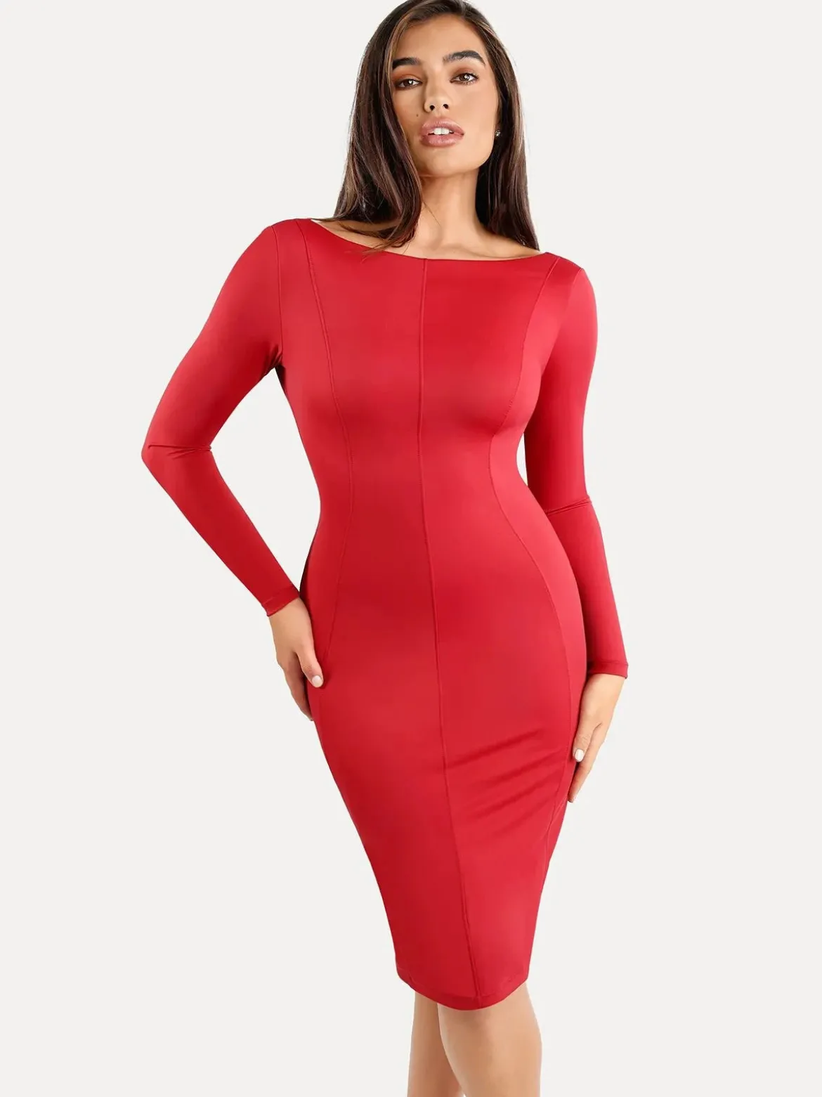 Shapewear Long Sleeve Boat Neck Sculpting Midi Dress