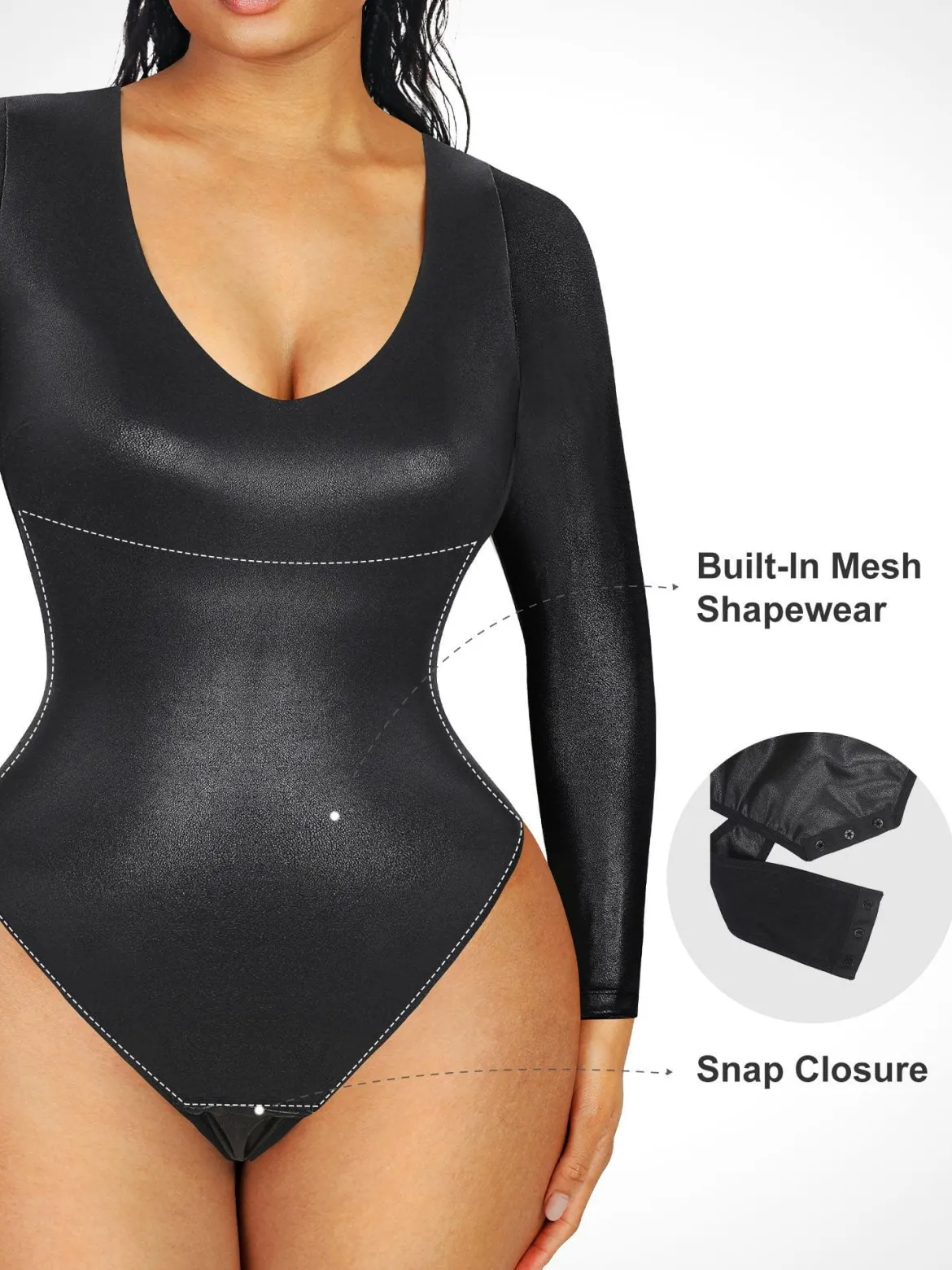 Shapewear Long Sleeve Faux Leather V-Neck Sculpting Bodysuit