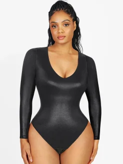 Shapewear Long Sleeve Faux Leather V-Neck Sculpting Bodysuit