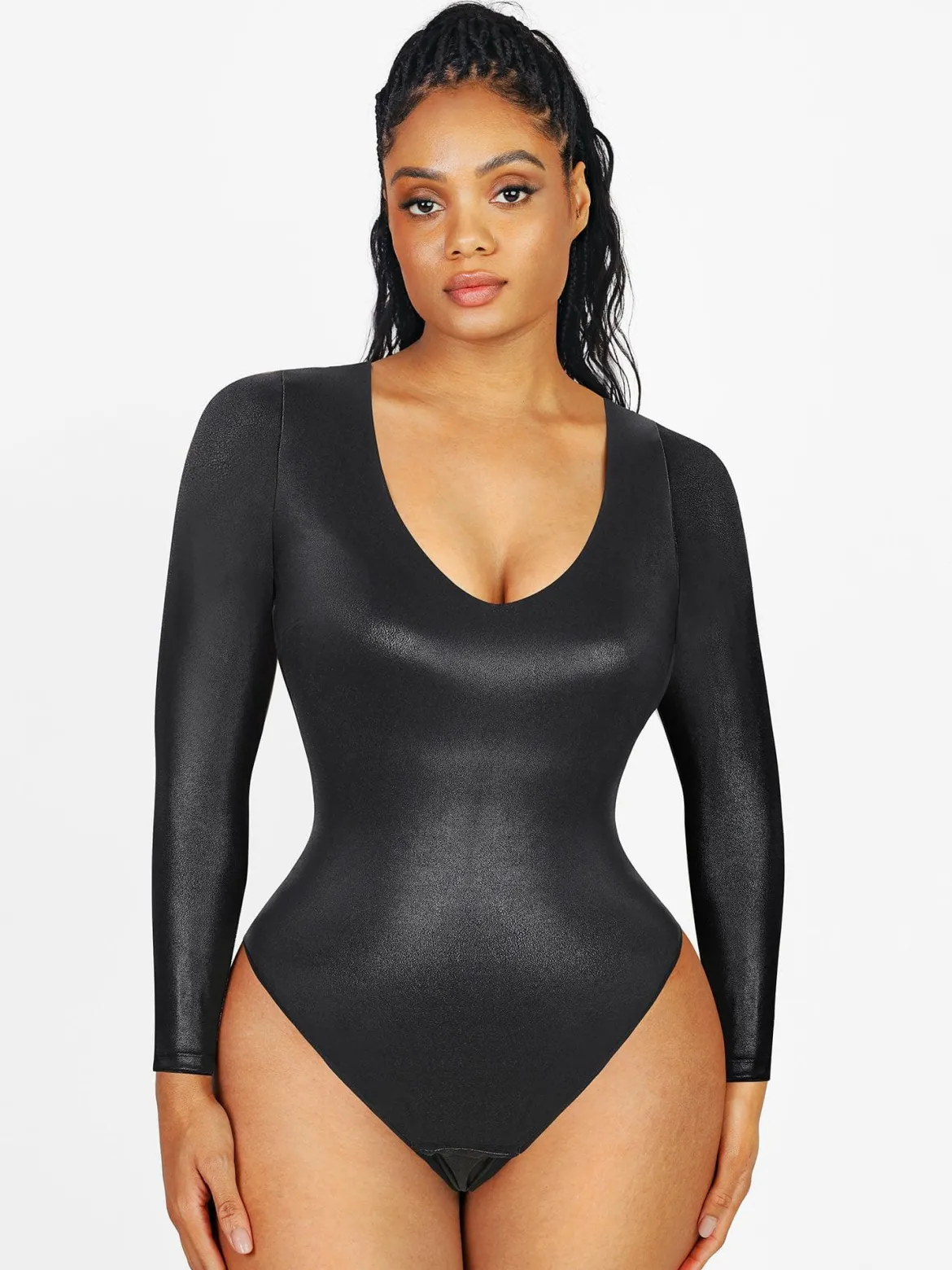 Shapewear Long Sleeve Faux Leather V-Neck Sculpting Bodysuit