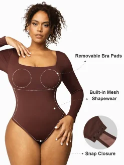 Shapewear Long Sleeve Sculpting Bodysuit Leather Midi Skirt Set