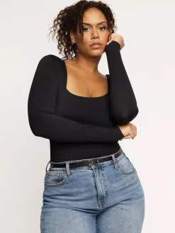 Shapewear Long Sleeve Sculpting Bodysuit Leather Midi Skirt Set