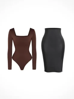 Shapewear Long Sleeve Sculpting Bodysuit Leather Midi Skirt Set