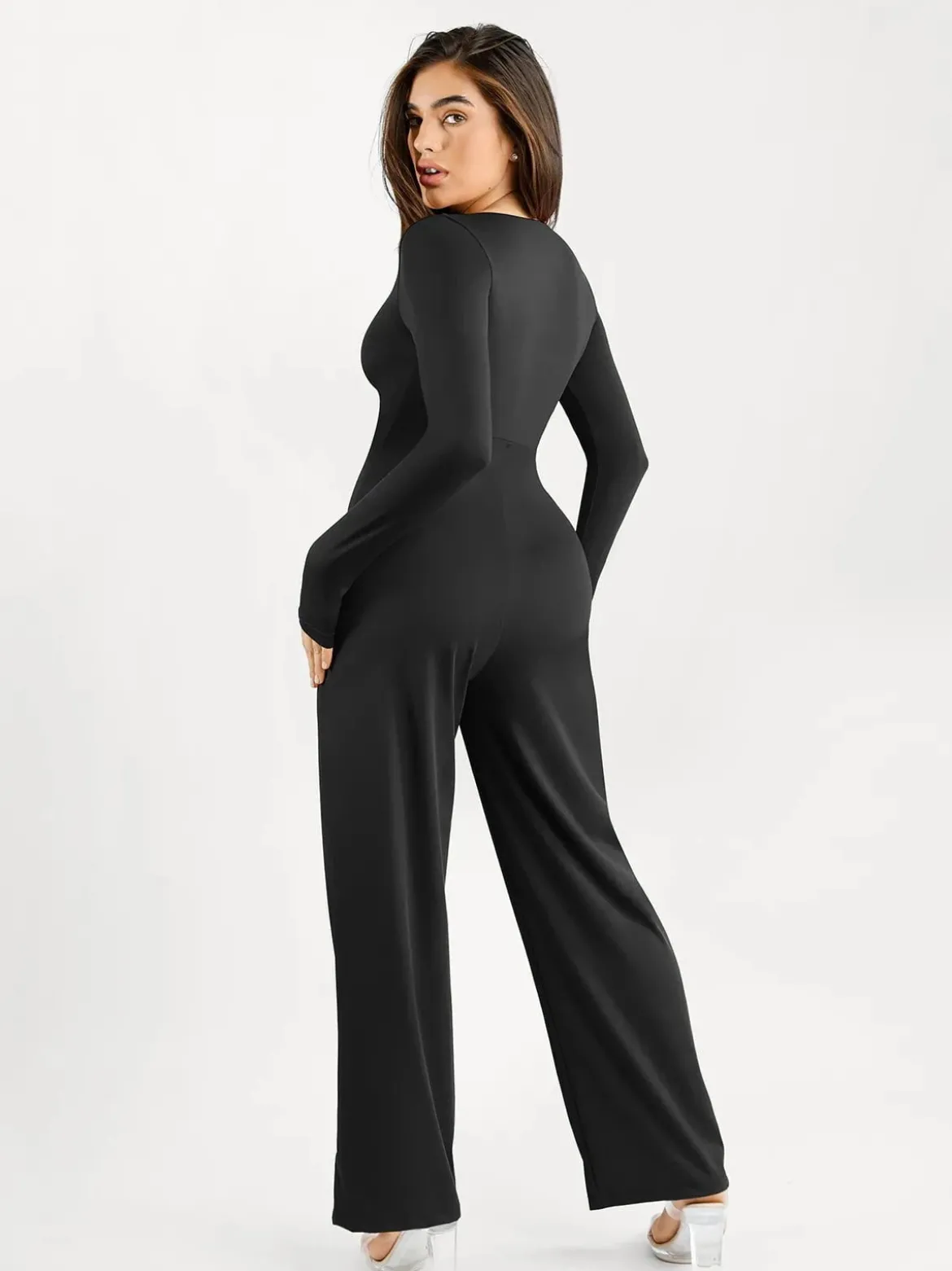 Shapewear Long Sleeve Square Neck Slimming Wide Leg Jumpsuit