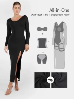 Shapewear Long Sleeve V-Neck Low Back Slimming Maxi Dress