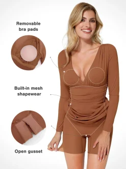Shapewear Long Sleeve V-Neck Ruched Bodycon Midi Dress