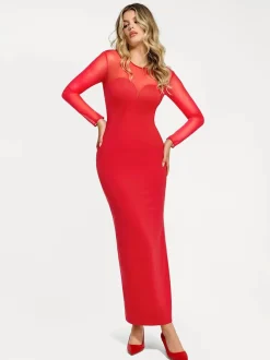 Shapewear Mesh Long Sleeve V-Back Slimming Maxi Dress