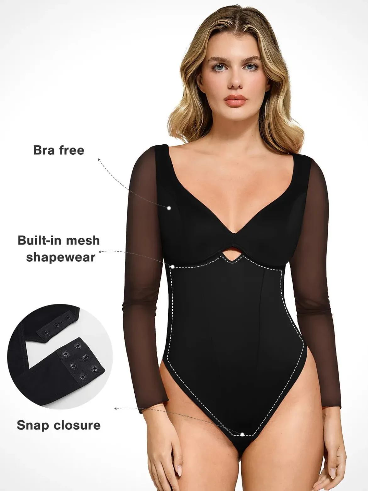 Shapewear Mesh Sleeve Cutout Sweetheart Sculpting Bodysuit