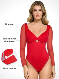 Shapewear Mesh Sleeve Cutout Sweetheart Sculpting Bodysuit