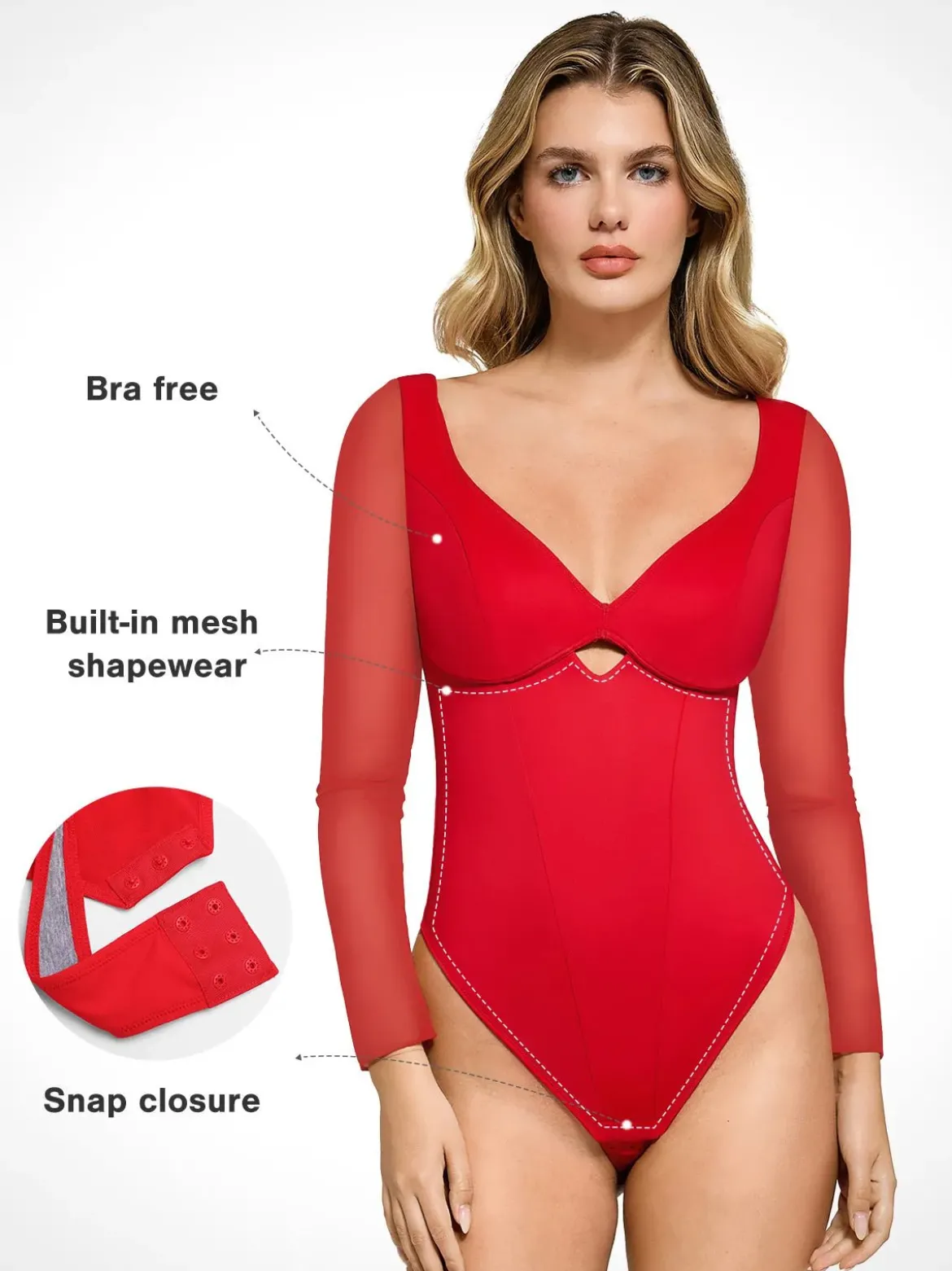 Shapewear Mesh Sleeve Cutout Sweetheart Sculpting Bodysuit