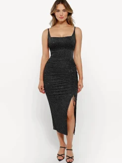Shapewear Metallic Knit Bodycon Sculpting Midi Slip Dress