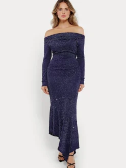 Shapewear Metallic Knit Long Sleeve Slim Mermaid Maxi Dress
