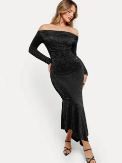 Shapewear Metallic Knit Long Sleeve Slim Mermaid Maxi Dress