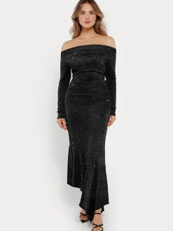 Shapewear Metallic Knit Long Sleeve Slim Mermaid Maxi Dress
