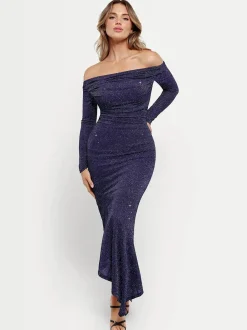 Shapewear Metallic Knit Long Sleeve Slim Mermaid Maxi Dress