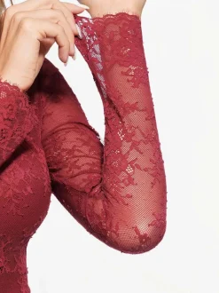 Shapewear Mock Neck Long Sleeve Floral Lace Bodysuit