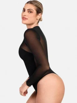Shapewear Mock Neck Long Sleeve Floral Lace Bodysuit