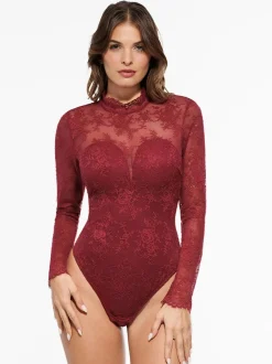 Shapewear Mock Neck Long Sleeve Floral Lace Bodysuit