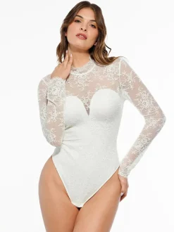 Shapewear Mock Neck Long Sleeve Floral Lace Bodysuit
