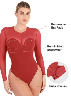 Shapewear Mock Neck Long Sleeve Floral Lace Bodysuit