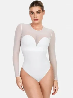 Shapewear Mock Neck Long Sleeve Floral Lace Bodysuit