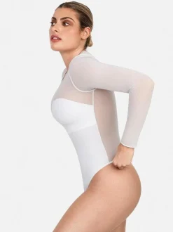 Shapewear Mock Neck Long Sleeve Floral Lace Bodysuit