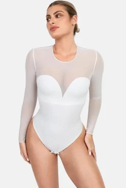 Shapewear Mock Neck Long Sleeve Floral Lace Bodysuit