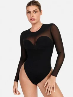 Shapewear Mock Neck Long Sleeve Floral Lace Bodysuit