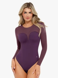 Shapewear Mock Neck Long Sleeve Floral Lace Bodysuit