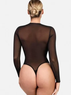 Shapewear Mock Neck Long Sleeve Floral Lace Bodysuit