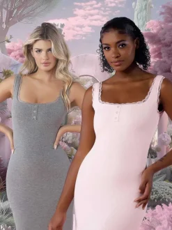 Shapewear Modal Slimming Lace Trim Henley Tank Maxi Dress