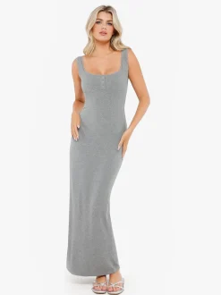 Shapewear Modal Slimming Lace Trim Henley Tank Maxi Dress